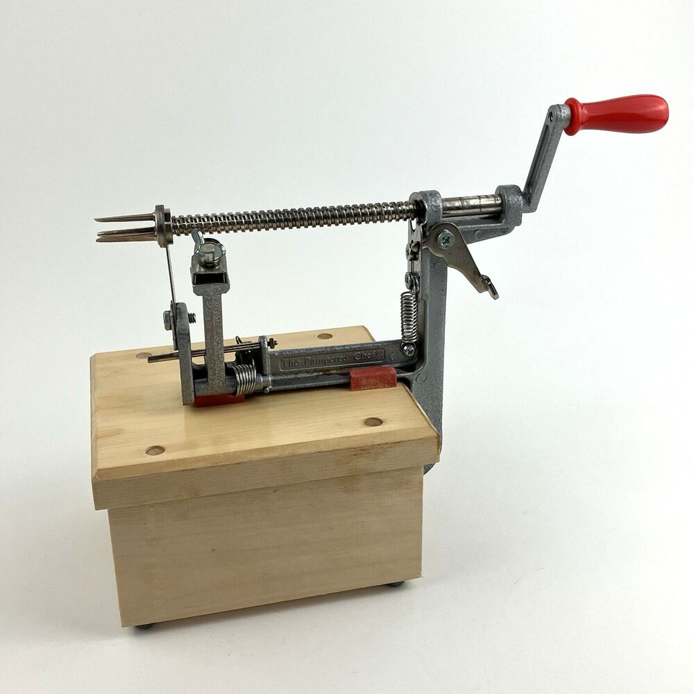 The Pampered Chef Apple Peeler Corer Slicer With Wooden Stand Hand Crank